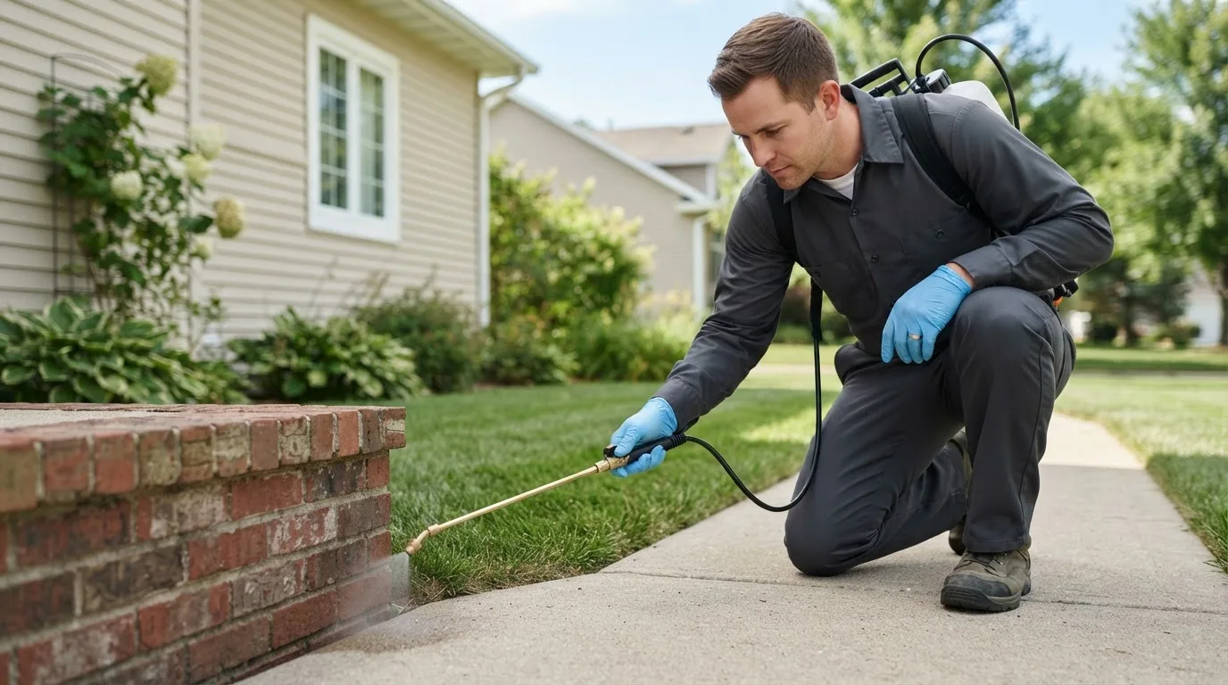 Pest control technician treating a home near Leighton, IA