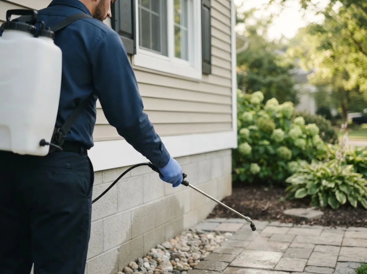 Pest control technician inspecting a home in Leighton, IA
